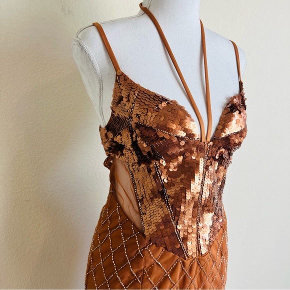 NWT ASOS Bronze Sequin Embellished Butterfly Mesh Fringe Beaded Mini Dress - Picture 3 of 13